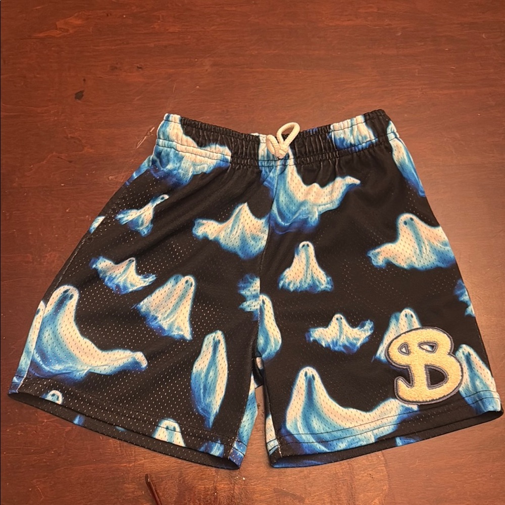 BKTSQD Kids' Black and Blue Ghost Print Shorts. Youth Large. Runs small.